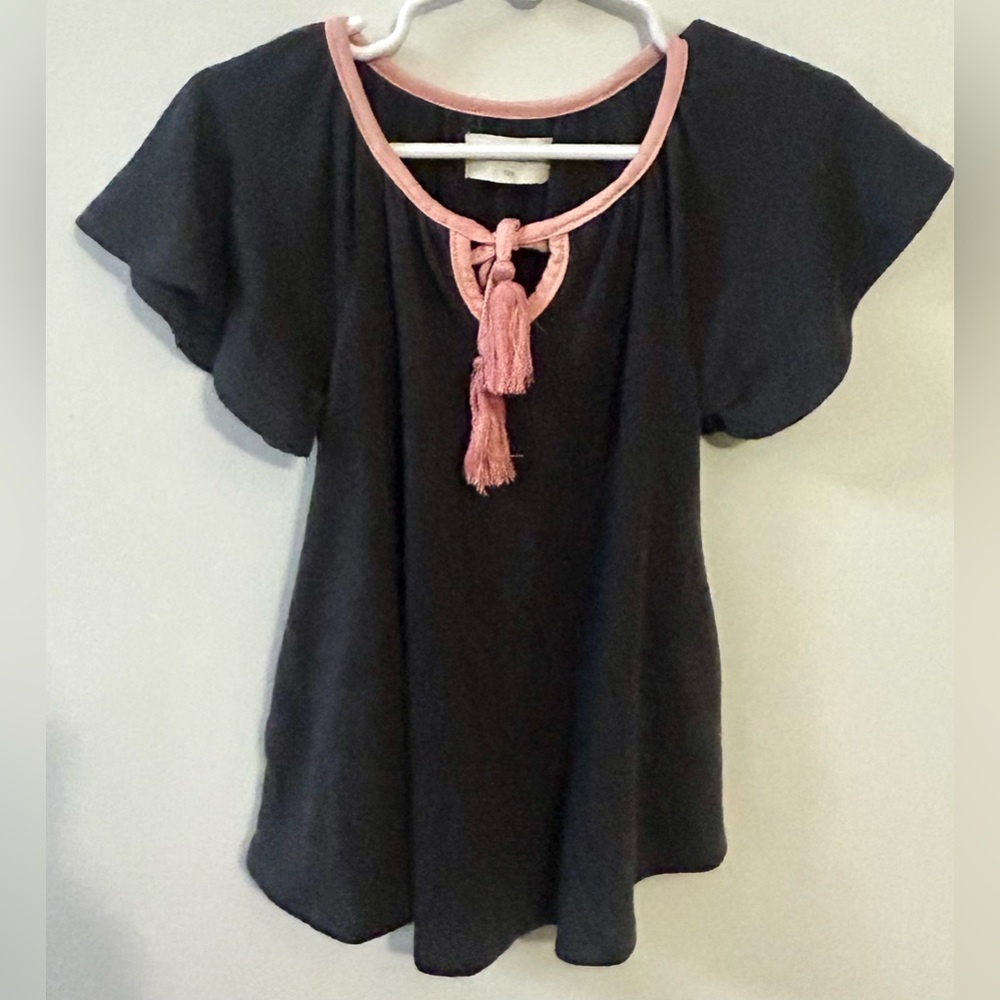Miki Miette Girls Gray dress with ruffle sleeves and pink tassels, 12 months